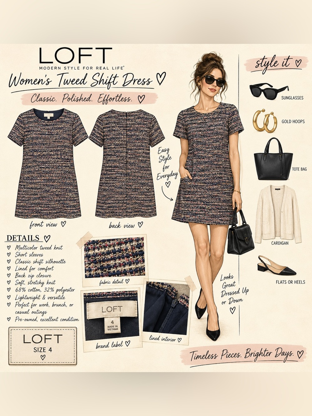 LOFT Navy and Multicolor Textured Tweed Dress